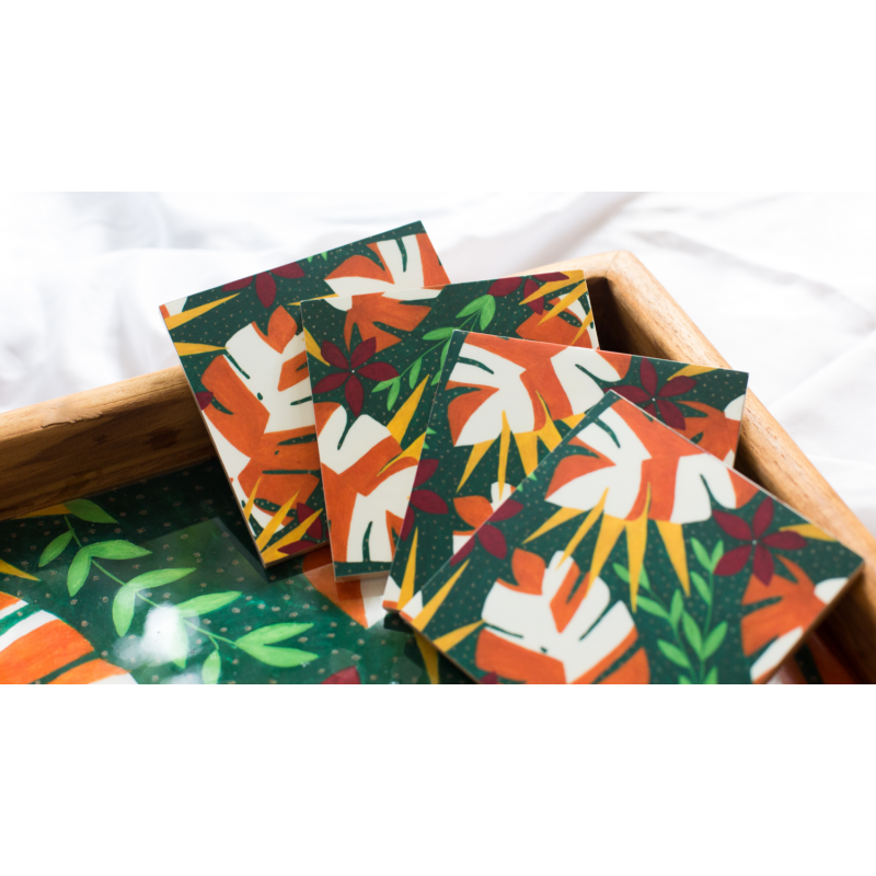 Monstera Coaster Set With Wooden Holder